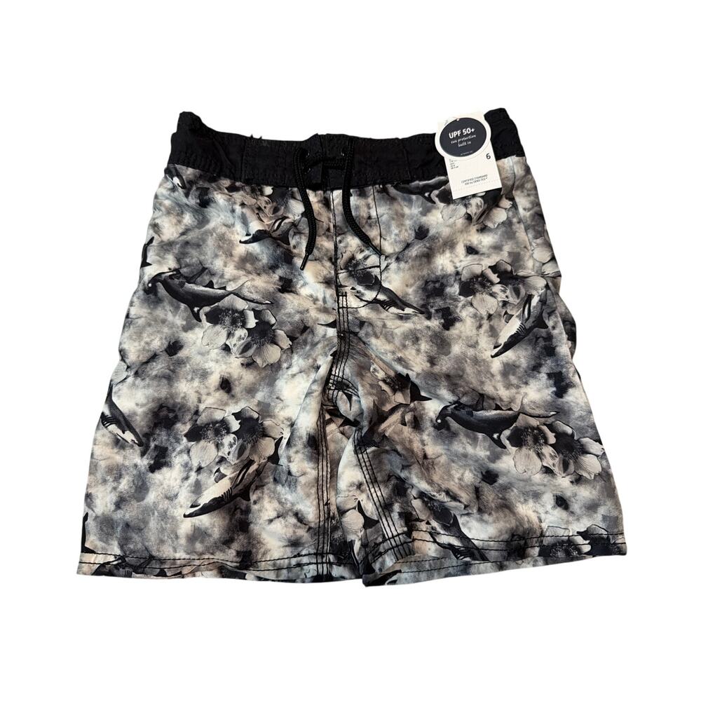 Oshkosh B’Gosh Swim Trunks Sharks Floral Black White Size 6 NWT